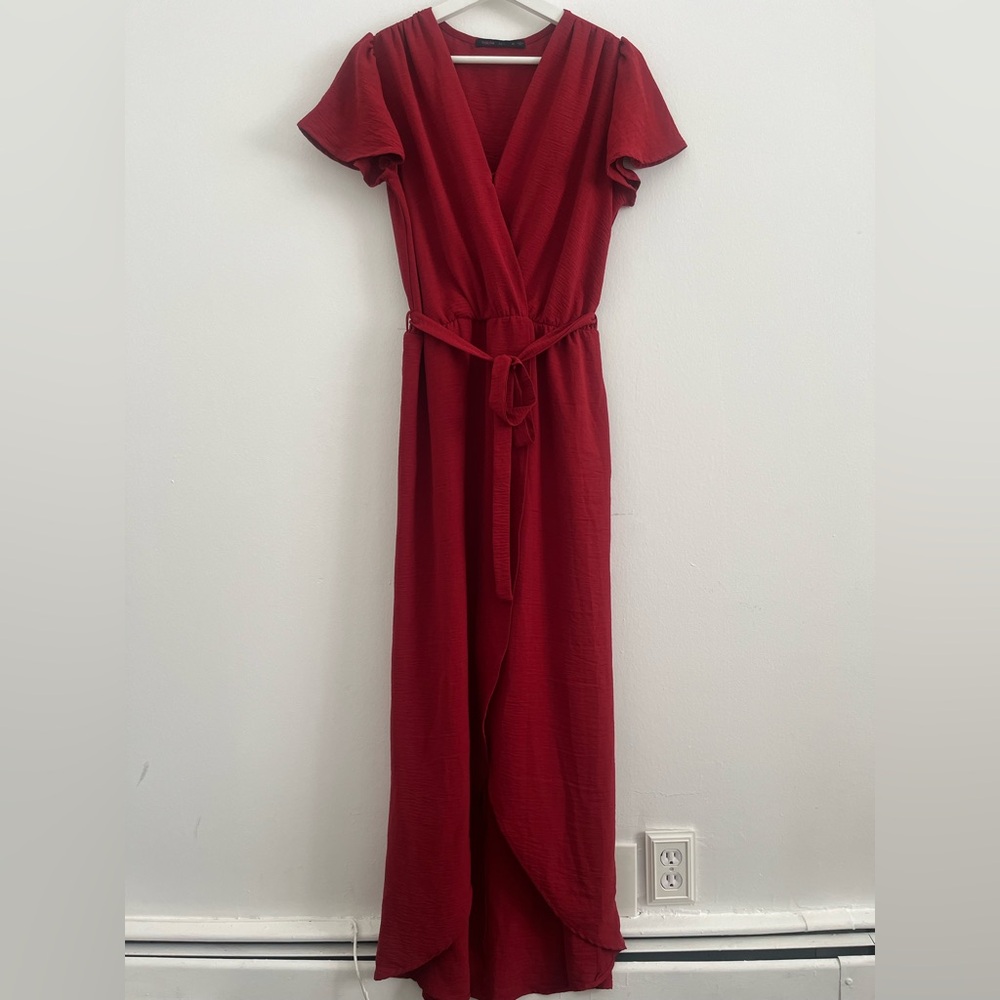 Fraiche By J Red Wrap Long Maxi Dress Lined SZ M Elastic Waist Flutter Sleeve